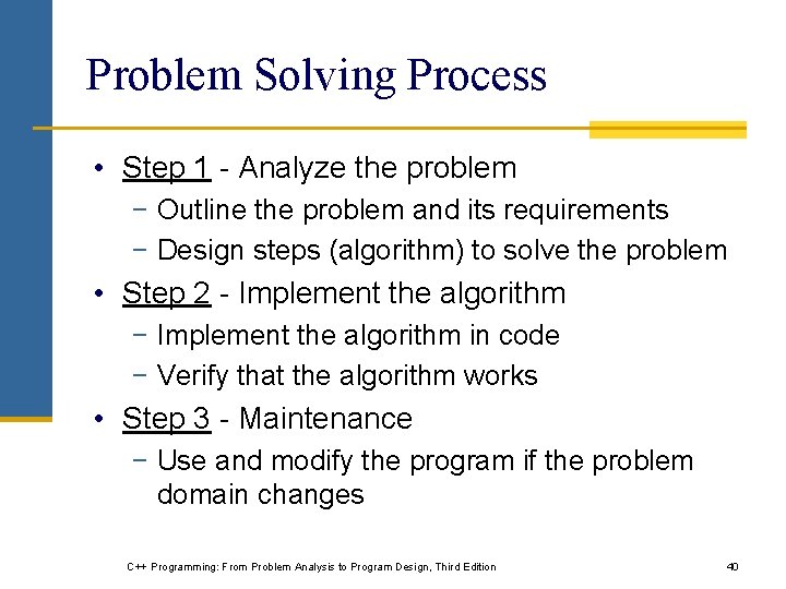 Problem Solving Process • Step 1 - Analyze the problem − Outline the problem