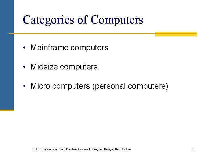 Categories of Computers • Mainframe computers • Midsize computers • Micro computers (personal computers)