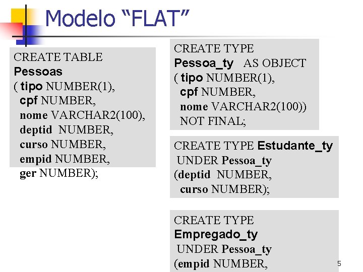 Modelo “FLAT” CREATE TABLE Pessoas ( tipo NUMBER(1), cpf NUMBER, nome VARCHAR 2(100), deptid