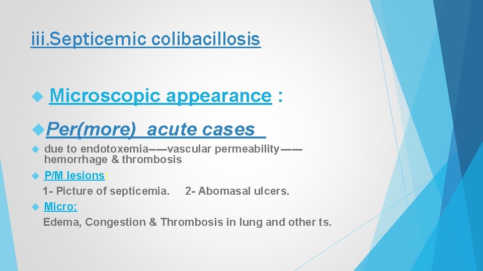 iii. Septicemic colibacillosis Microscopic appearance : Per(more) acute cases due to endotoxemia-----vascular permeability-----hemorrhage &