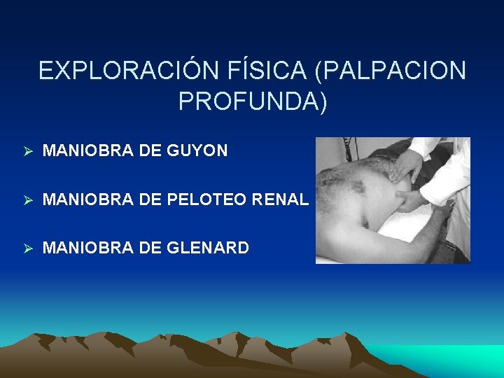 EXPLORACIÓN FÍSICA (PALPACION PROFUNDA) MANIOBRA DE GUYON MANIOBRA DE PELOTEO RENAL MANIOBRA DE GLENARD