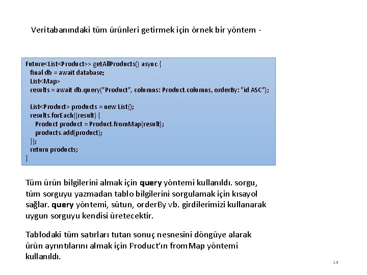 Veritabanındaki tüm ürünleri getirmek için örnek bir yöntem - Future<List<Product>> get. All. Products() async