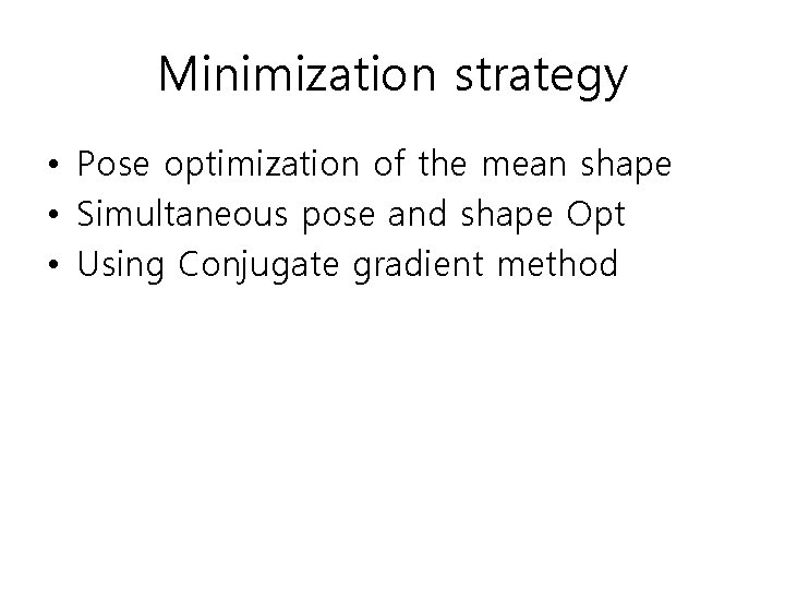 Minimization strategy • Pose optimization of the mean shape • Simultaneous pose and shape