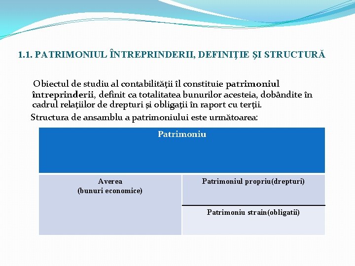 1. 1. PATRIMONIUL ÎNTREPRINDERII, DEFINIŢIE ŞI STRUCTURĂ Obiectul de studiu al contabilităţii îl constituie