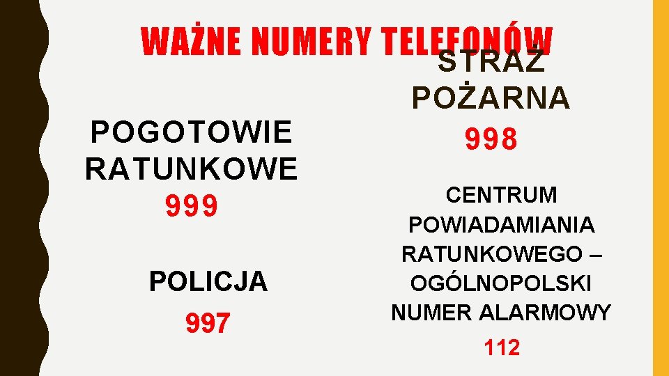 WAŻNE NUMERY TELEFONÓW STRAŻ POGOTOWIE RATUNKOWE 999 POLICJA 997 POŻARNA 998 CENTRUM POWIADAMIANIA RATUNKOWEGO