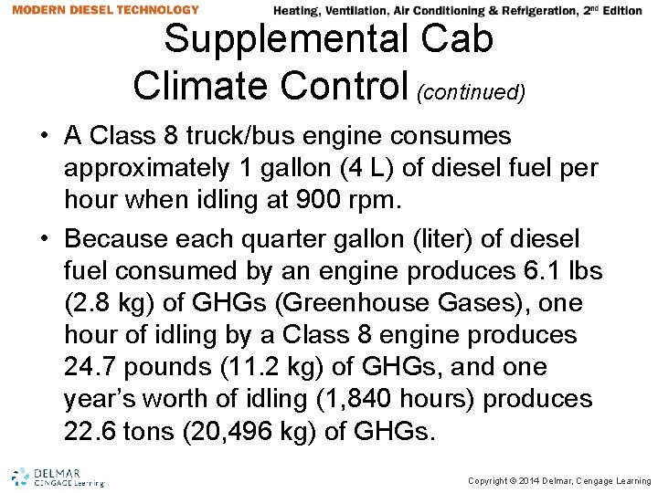 Supplemental Cab Climate Control (continued) • A Class 8 truck/bus engine consumes approximately 1 Supplemental Cab Climate Control (continued) • A Class 8 truck/bus engine consumes approximately 1