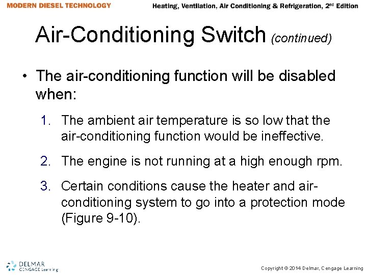 Air-Conditioning Switch (continued) • The air-conditioning function will be disabled when: 1. The ambient Air-Conditioning Switch (continued) • The air-conditioning function will be disabled when: 1. The ambient