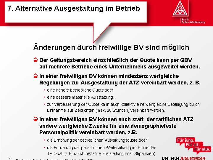 7. Alternative Ausgestaltung im Betrieb Änderungen durch freiwillige BV sind möglich Der Geltungsbereich einschließlich