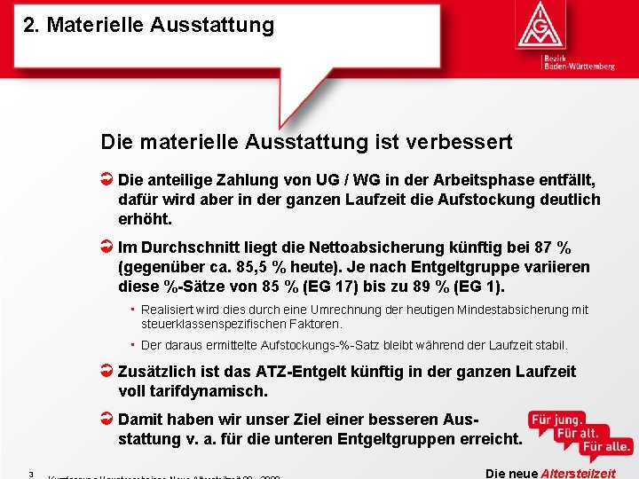 2. Materielle Ausstattung Die materielle Ausstattung ist verbessert Die anteilige Zahlung von UG /
