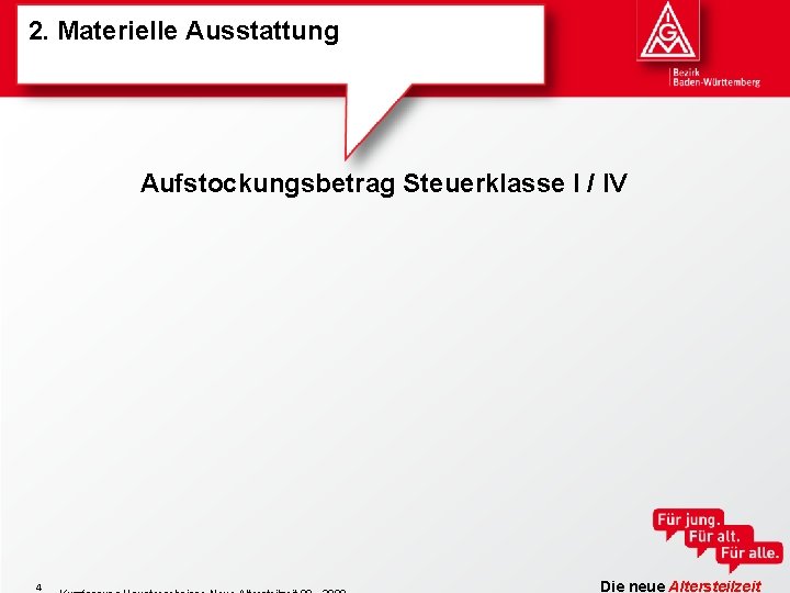 2. Materielle Ausstattung Aufstockungsbetrag Steuerklasse I / IV 4 Die neue Altersteilzeit 