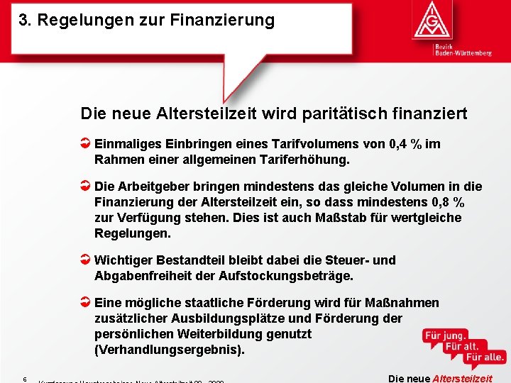 3. Regelungen zur Finanzierung Die neue Altersteilzeit wird paritätisch finanziert Einmaliges Einbringen eines Tarifvolumens