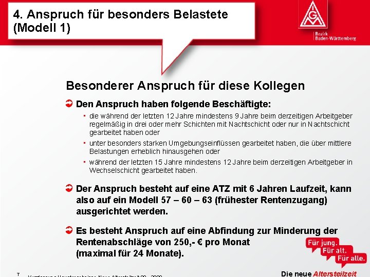 4. Anspruch für besonders Belastete (Modell 1) Besonderer Anspruch für diese Kollegen Den Anspruch