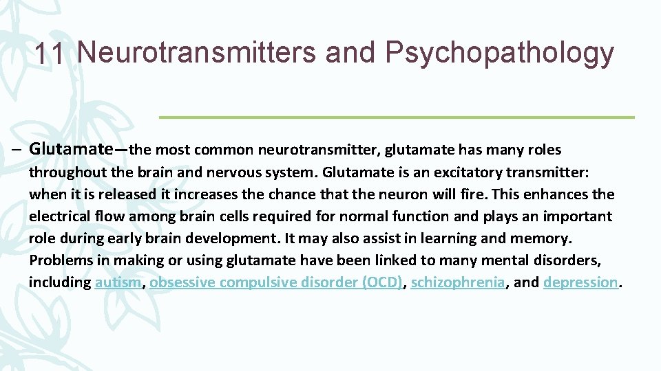 11 Neurotransmitters and Psychopathology – Glutamate—the most common neurotransmitter, glutamate has many roles throughout