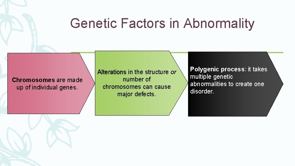 Genetic Factors in Abnormality – Chromosomes are made up of individual genes. Alterations in
