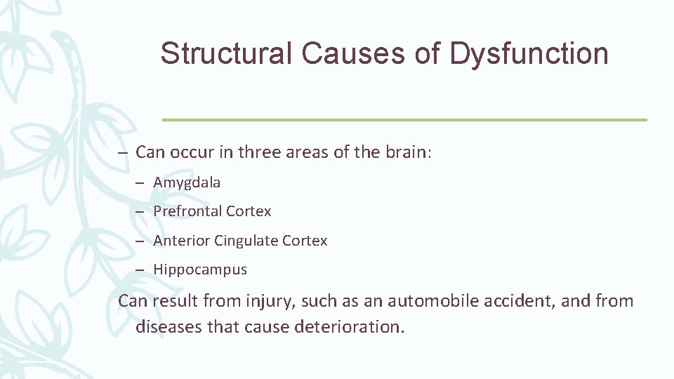 Structural Causes of Dysfunction – Can occur in three areas of the brain: –