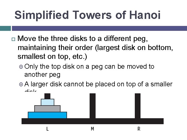 Simplified Towers of Hanoi Move three disks to a different peg, maintaining their order