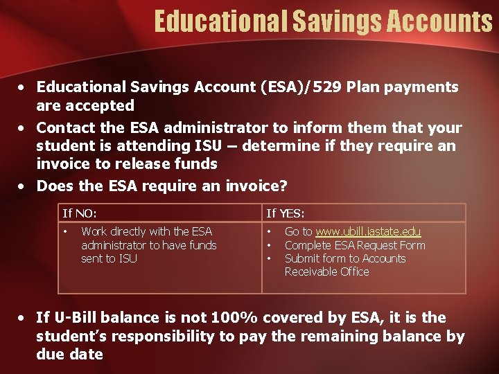 Educational Savings Accounts • Educational Savings Account (ESA)/529 Plan payments are accepted • Contact