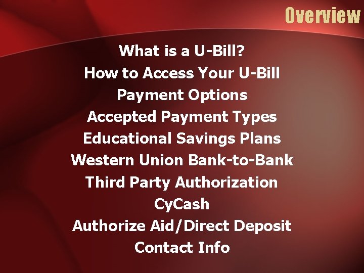 Overview What is a U-Bill? How to Access Your U-Bill Payment Options Accepted Payment