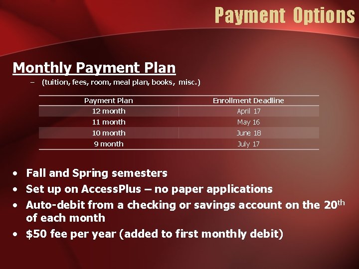 Payment Options Monthly Payment Plan – (tuition, fees, room, meal plan, books, misc. )