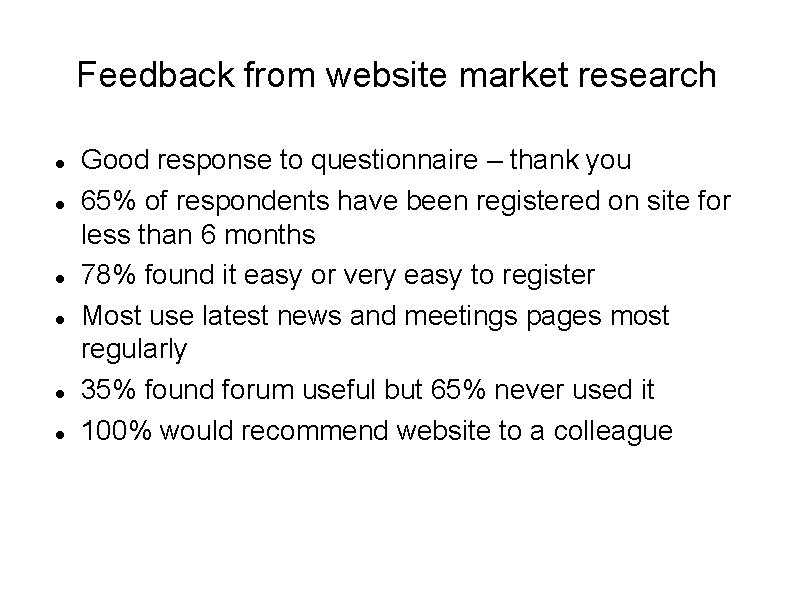 Feedback from website market research Good response to questionnaire – thank you 65% of
