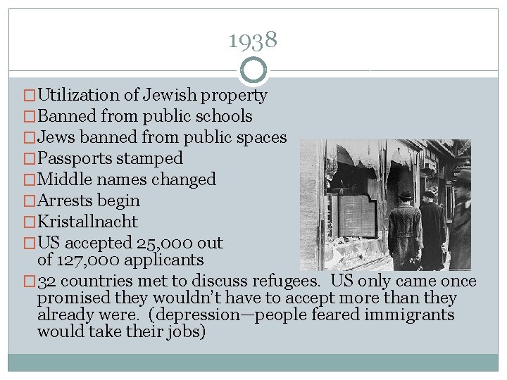 1938 �Utilization of Jewish property �Banned from public schools �Jews banned from public spaces