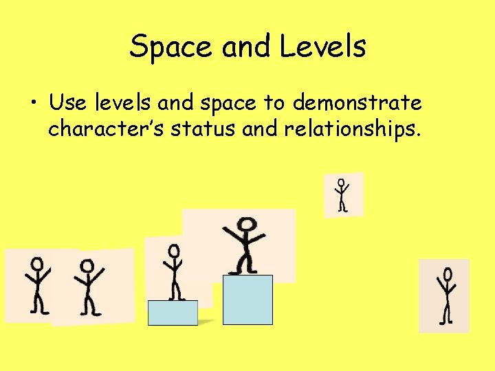 Space and Levels • Use levels and space to demonstrate character’s status and relationships.