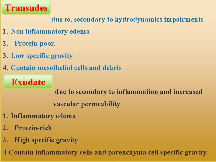 Transudes due to, secondary to hydrodynamics impairments 1. Non inflammatory edema 2. Protein-poor. 3.