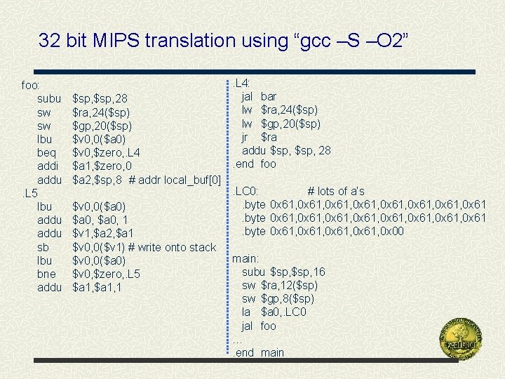 32 bit MIPS translation using “gcc –S –O 2” foo: subu sw sw lbu