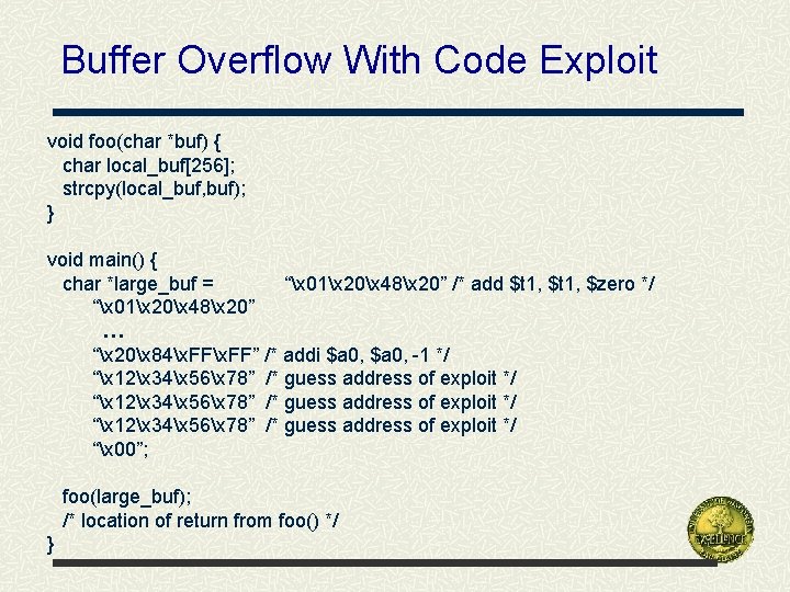 Buffer Overflow With Code Exploit void foo(char *buf) { char local_buf[256]; strcpy(local_buf, buf); }