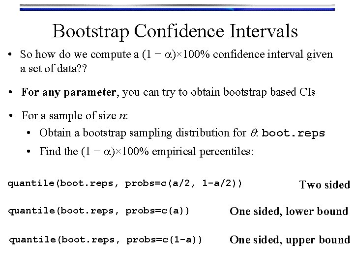 Bootstrap Confidence Intervals • So how do we compute a (1 − a)× 100%