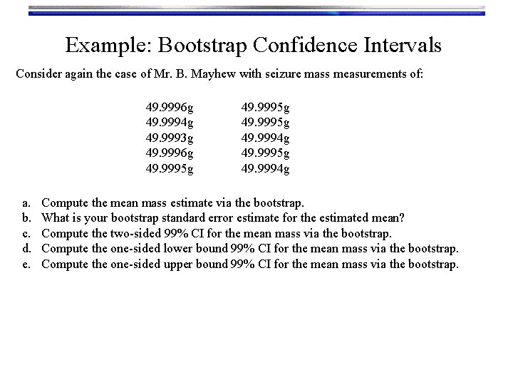 Example: Bootstrap Confidence Intervals Consider again the case of Mr. B. Mayhew with seizure