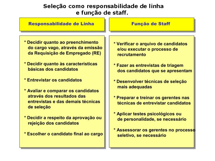 Seleção como responsabilidade de linha e função de staff. 