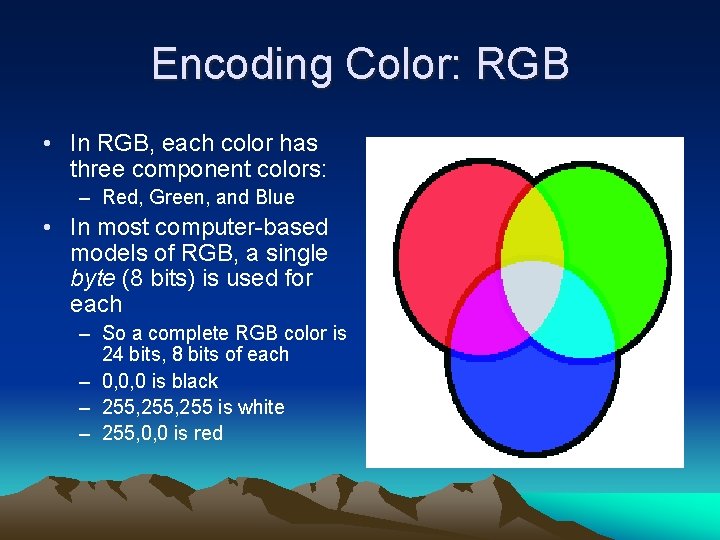 Encoding Color: RGB • In RGB, each color has three component colors: – Red,