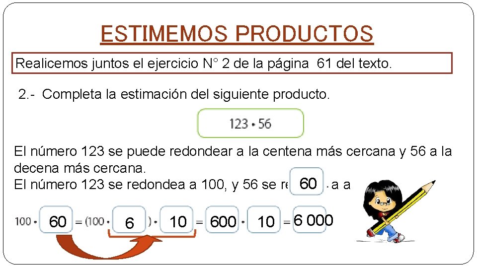 ESTIMEMOS PRODUCTOS Realicemos juntos el ejercicio N° 2 de la página 61 del texto.