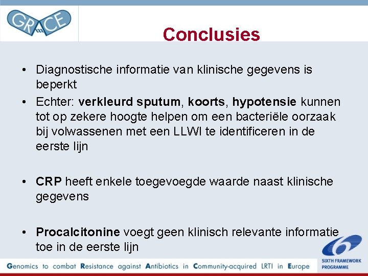 Conclusies • Diagnostische informatie van klinische gegevens is beperkt • Echter: verkleurd sputum, koorts,