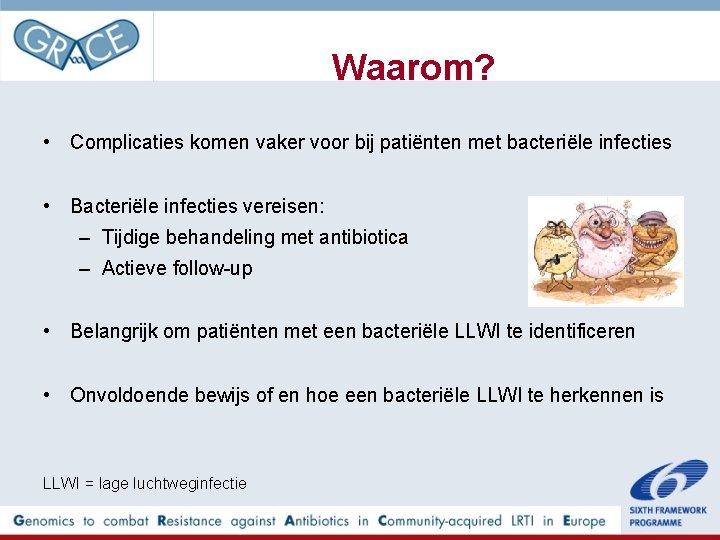 Waarom? • Complicaties komen vaker voor bij patiënten met bacteriële infecties • Bacteriële infecties