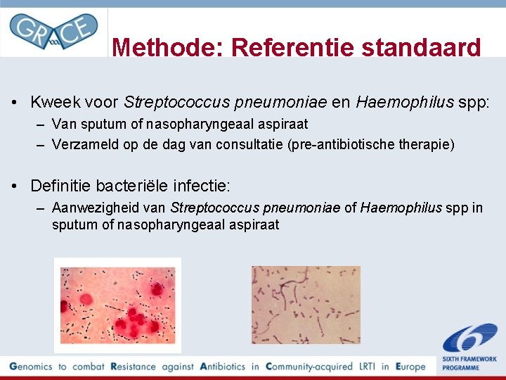 Methode: Referentie standaard • Kweek voor Streptococcus pneumoniae en Haemophilus spp: – Van sputum