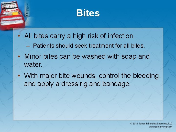 Bites • All bites carry a high risk of infection. – Patients should seek