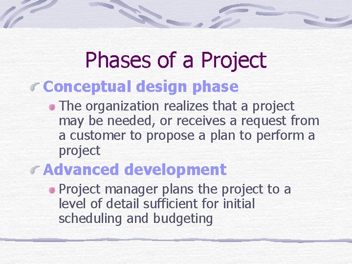 Phases of a Project Conceptual design phase The organization realizes that a project may