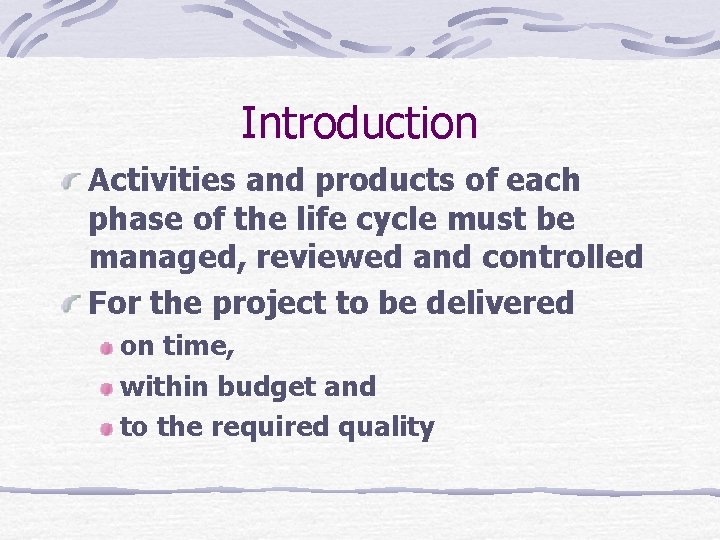 Introduction Activities and products of each phase of the life cycle must be managed,