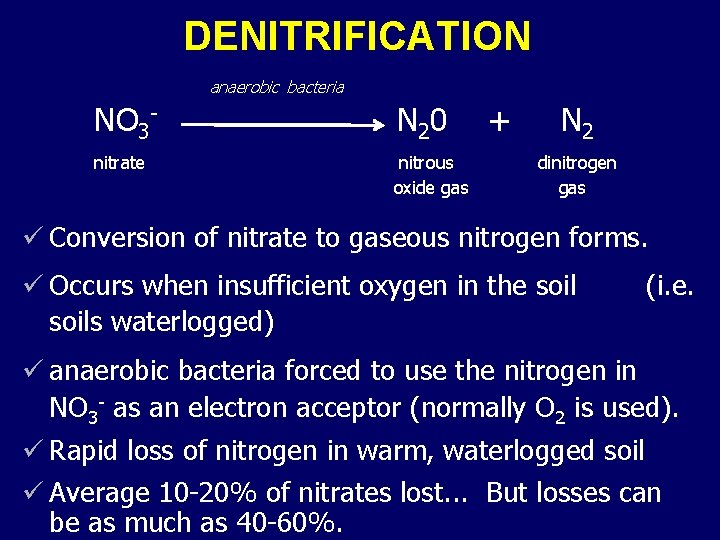 DENITRIFICATION anaerobic bacteria NO 3 - N 20 nitrate nitrous oxide gas + N