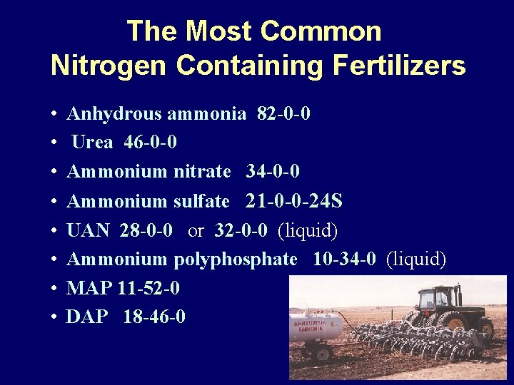 The Most Common Nitrogen Containing Fertilizers • • Anhydrous ammonia 82 -0 -0 Urea
