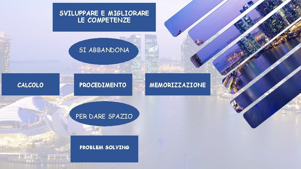 SVILUPPARE E MIGLIORARE LE COMPETENZE SI ABBANDONA CALCOLO PROCEDIMENTO PER DARE SPAZIO PROBLEM SOLVING