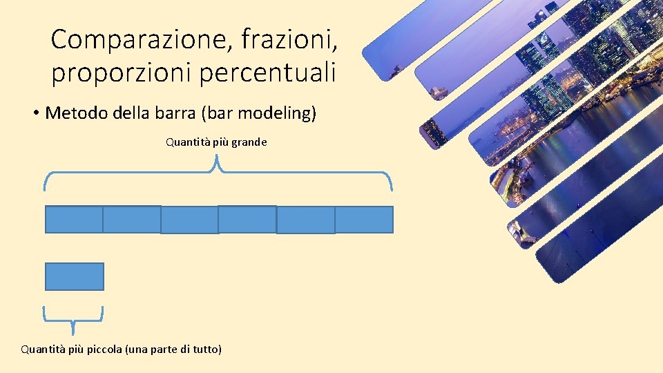 Comparazione, frazioni, proporzioni percentuali • Metodo della barra (bar modeling) Quantità più grande Quantità