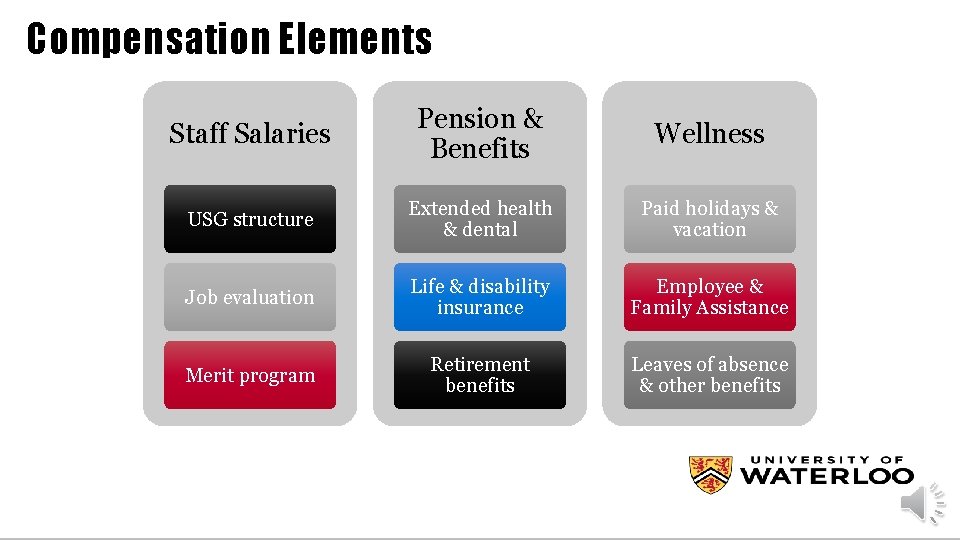 Compensation Elements Staff Salaries Pension & Benefits Wellness USG structure Extended health & dental