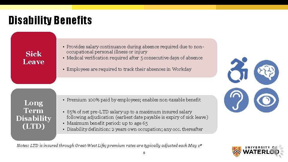 Disability Benefits Sick Leave • Provides salary continuance during absence required due to nonoccupational
