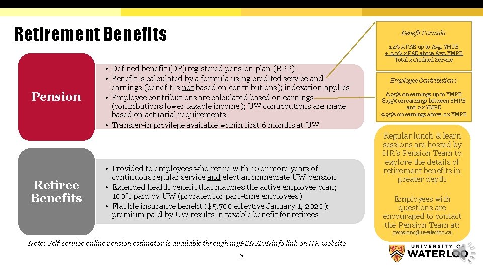 Retirement Benefits Pension Retiree Benefits Benefit Formula 1. 4% x FAE up to Avg.