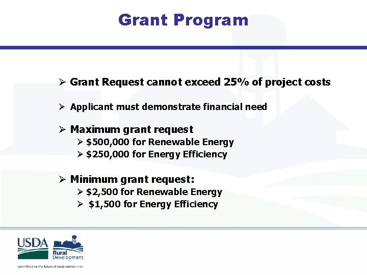 Grant Program Ø Grant Request cannot exceed 25% of project costs Ø Applicant must