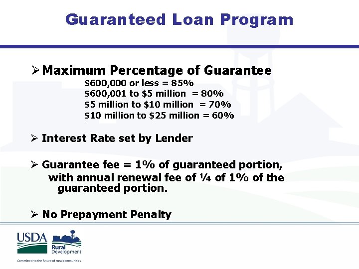 Guaranteed Loan Program Ø Maximum Percentage of Guarantee $600, 000 or less = 85%