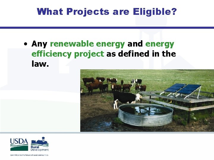 What Projects are Eligible? • Any renewable energy and energy efficiency project as defined